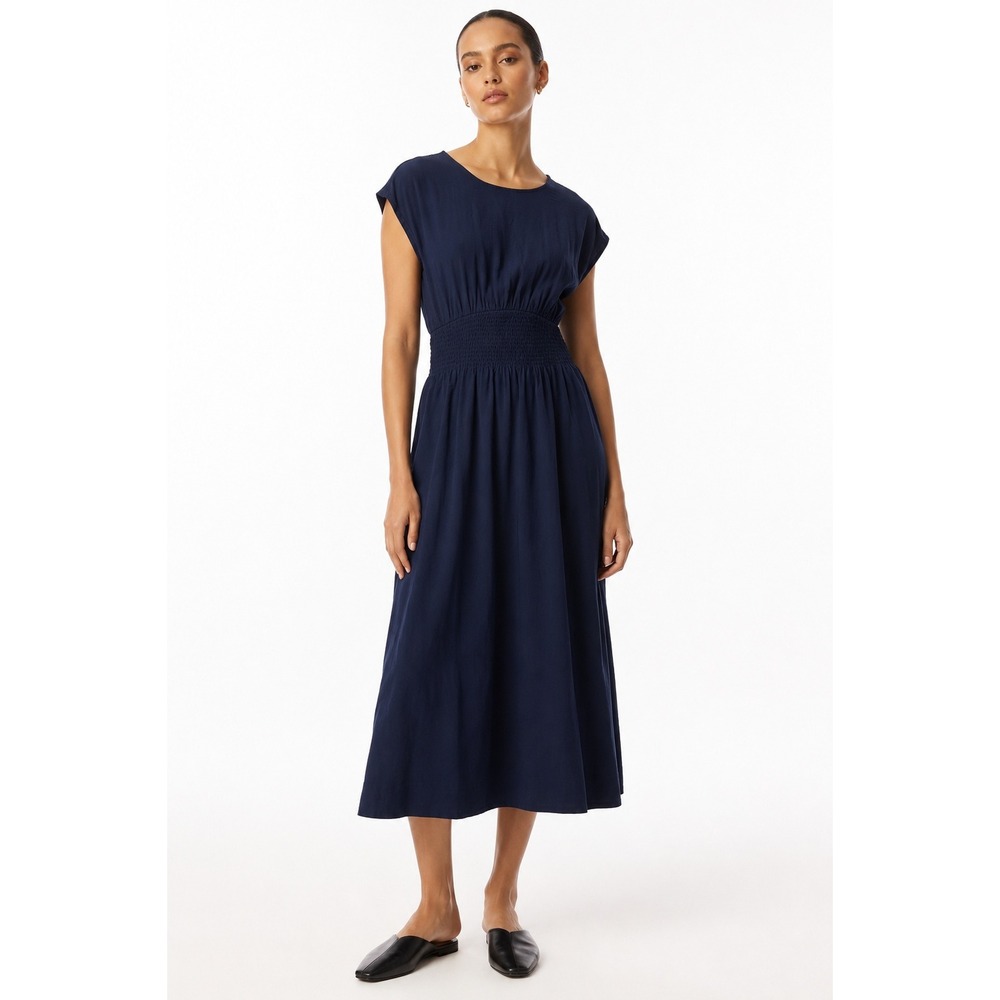 Daniel Rainn Womens Navy Blue Smocked Waist A-Line Midi Dress Size S